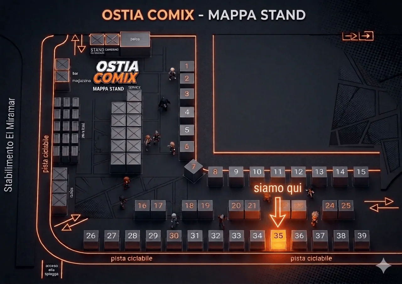 Mappa stand OstiaComix 2026 — BBT allo stand 35, Piazzale Magellano, Ostia (Roma)